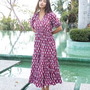 Fox & Mermaid NWT Maroon Block Print Boho Prairie Maxi Dress XL